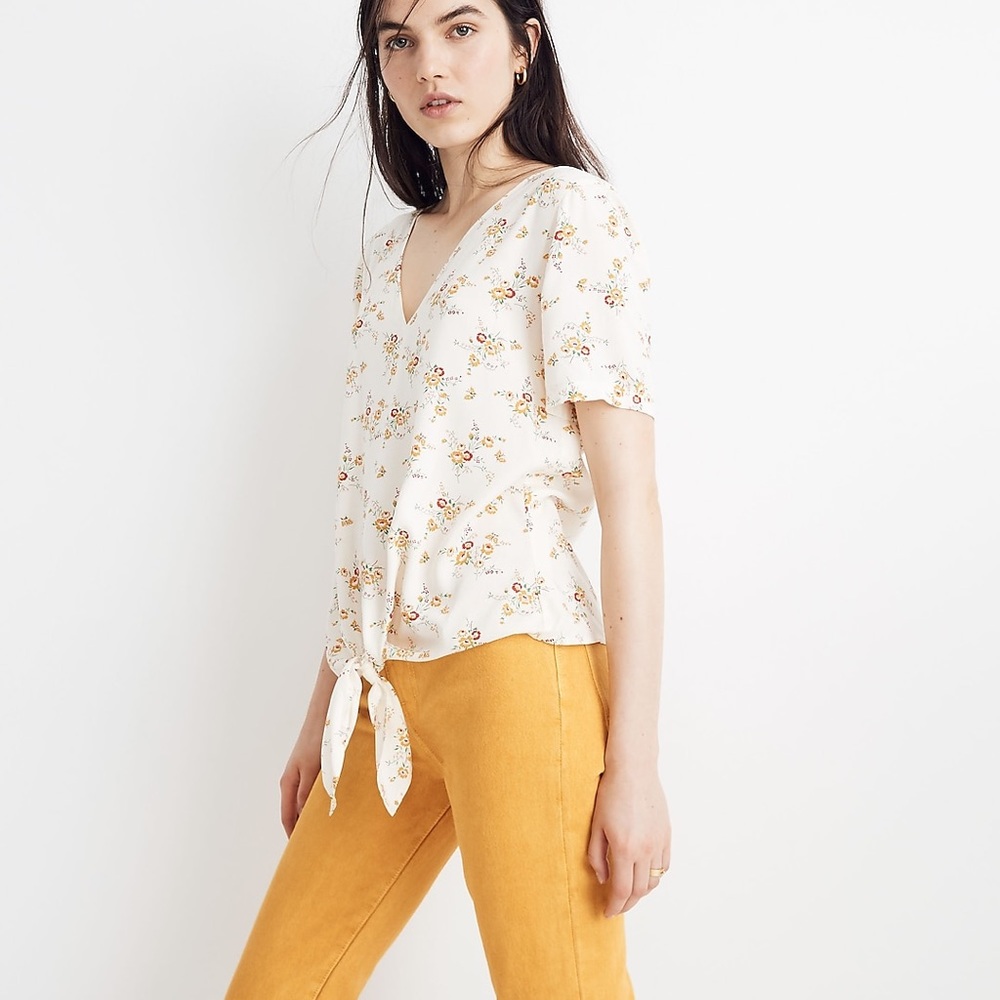 Madewell Novel Tie-Front Top in Windowbox Floral Springy Mustard Yellow Small - Picture 2 of 8
